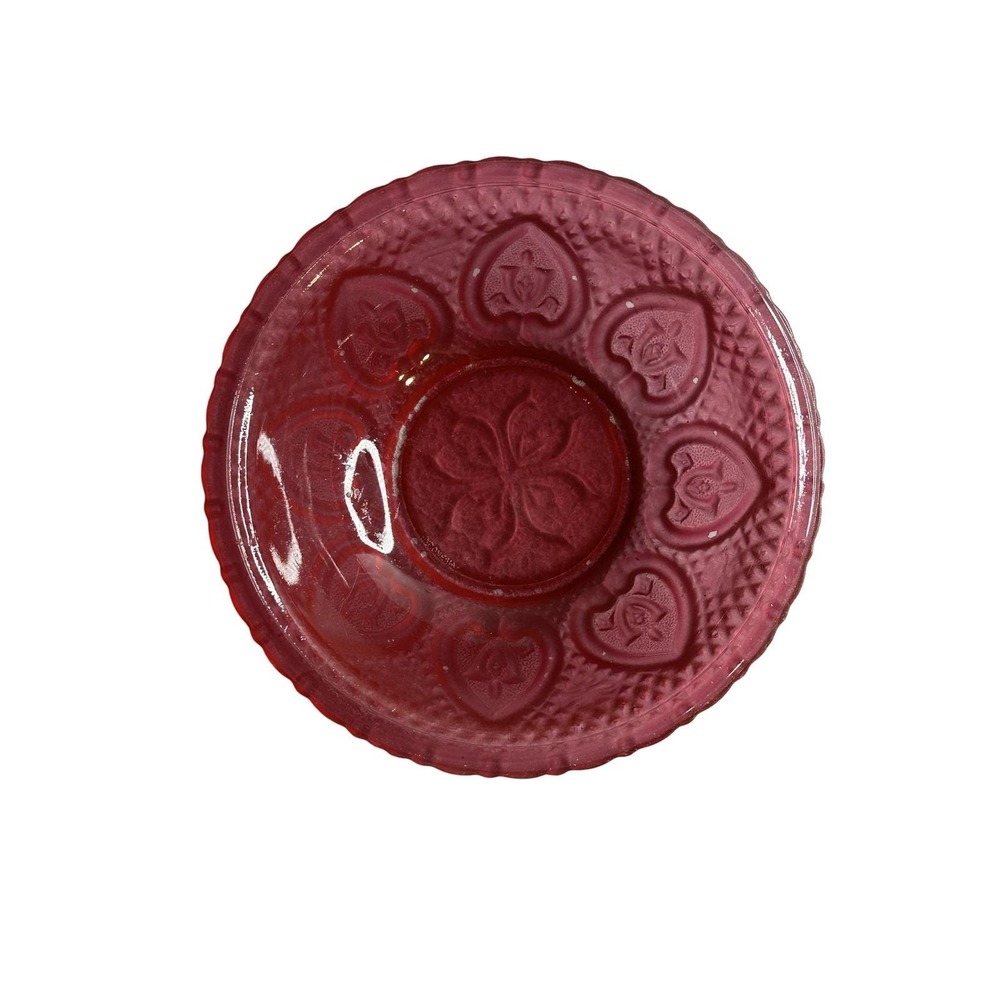 Vintage Cranberry Ruby Red Pressed Glass Berry Bowl Hearts Floral Pattern Satin